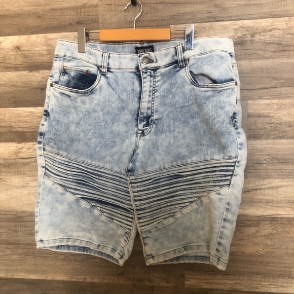 Denim Blue 80s Inspired Acid Wash Men Jean Shorts Size 34 - Picture 2 of 9